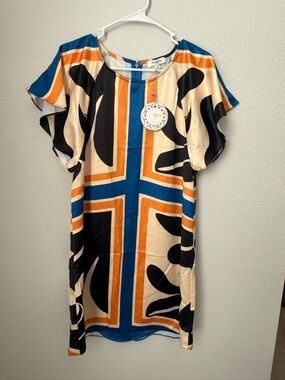 Umgee Blue, Orange & Black Geometric Flutter-Sleeve Mini Dress